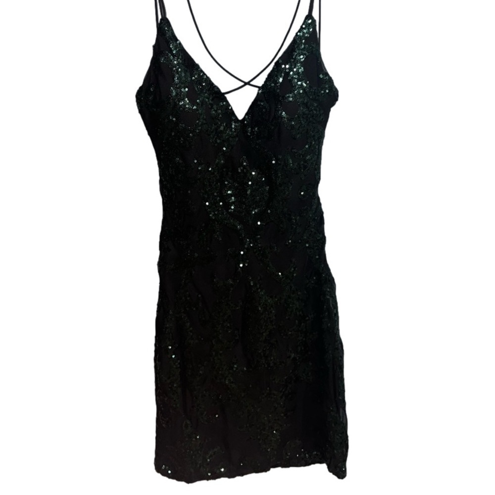 Windsor- Karina Formal Sequin Cross-Back Mini dark green and black Dress - Picture 1 of 7